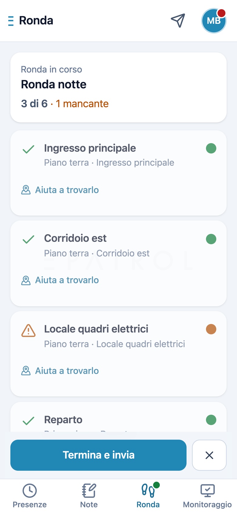Schermata dell'app ePatrol